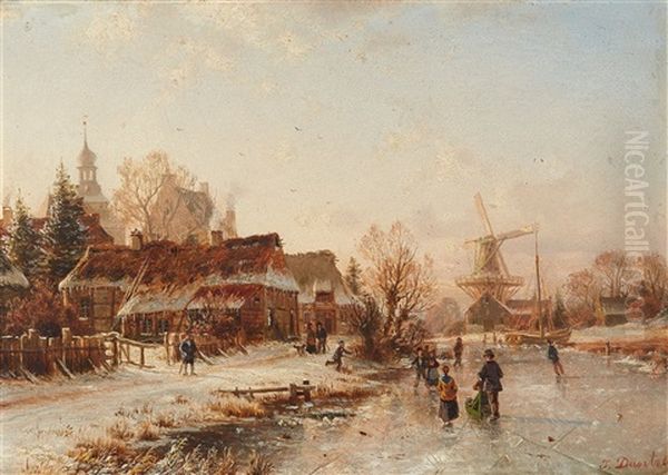 Winterszene Mit Schlittschuhlaufern Auf Einem Zugefrorenen Fluss Oil Painting by Johannes Bartolomaus Duntze