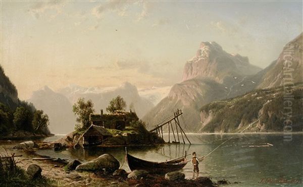 Norwegischer Fjord Mit Angler Oil Painting by Johannes Bartolomaus Duntze