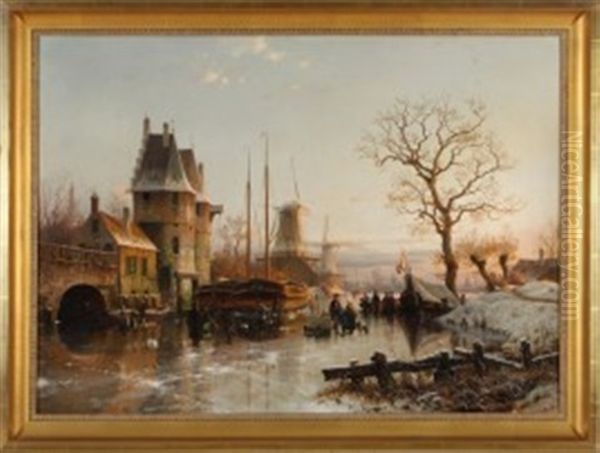 Nachmittagsstimmung Uber Belebtem Kanal Im Winter Oil Painting by Johannes Bartolomaus Duntze