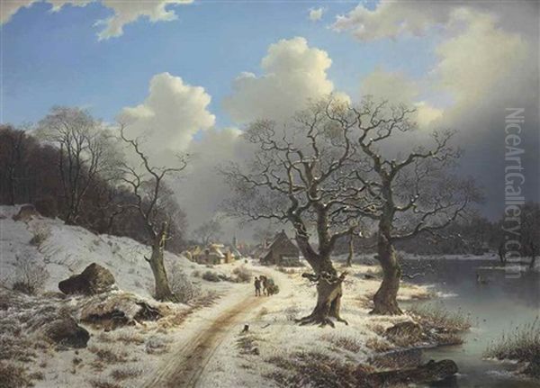 A Frozen Winter Landscape Oil Painting by Johannes Bartolomaus Duntze