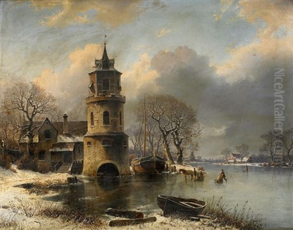 Wintertag Am Kanal Oil Painting by Johannes Bartolomaus Duntze