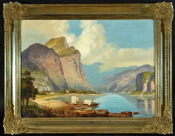 See In Sudlandischer Felsenlandschaft Mit Segelbooten Am Ufer Oil Painting by Johannes Bartolomaus Duntze