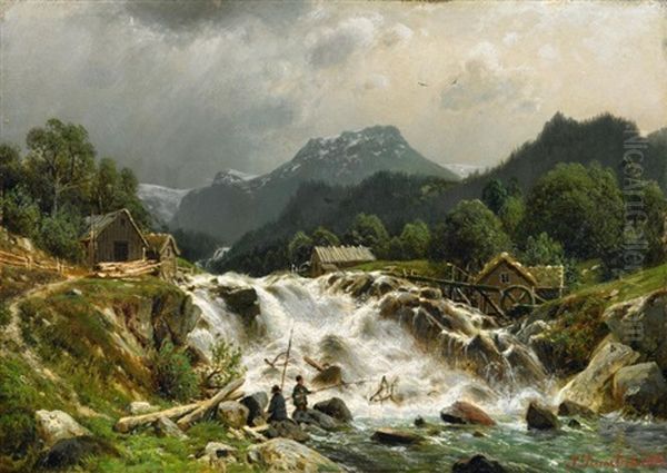Muhlen An Einem Wasserfall Im Gebirge Oil Painting by Johannes Bartolomaus Duntze