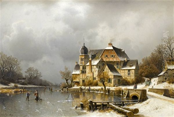 Winterlandschaft Mit Zugefrorenem See Oil Painting by Johannes Bartolomaus Duntze