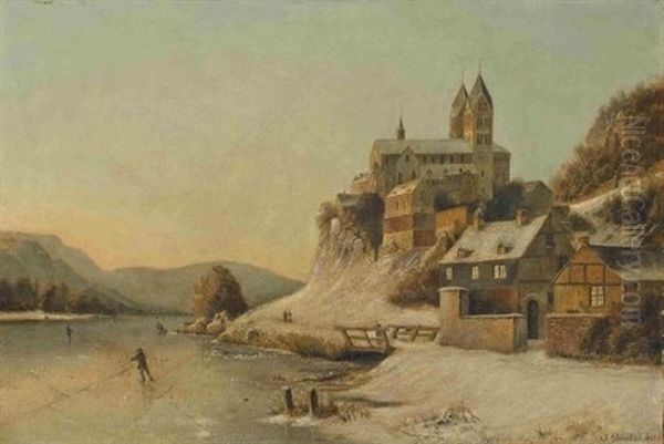 Blick Auf Das Winterliche Dietkirchen An Der Lahn Oil Painting by Johannes Bartolomaus Duntze