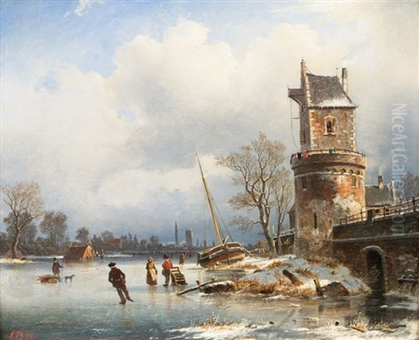 Frozen River With Panoramic View Of A Town Oil Painting by Johannes Bartolomaus Duntze