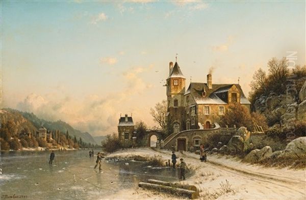 Winter Landscape With Frozen River Oil Painting by Johannes Bartolomaus Duntze