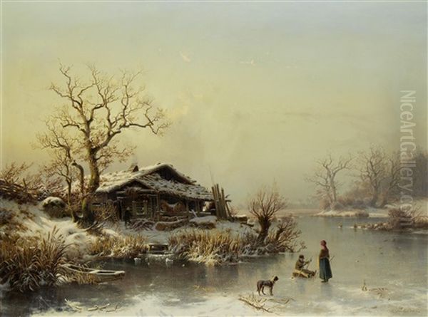 Winter Scene Oil Painting by Johannes Bartolomaus Duntze