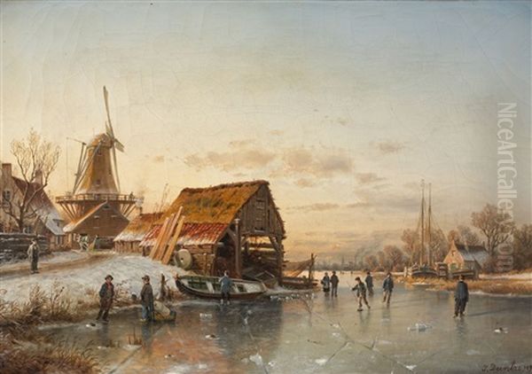 Winter Landscape With Skaters Oil Painting by Johannes Bartolomaus Duntze