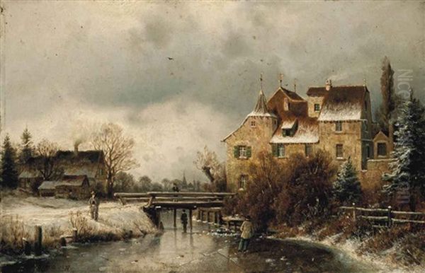 Figures Ice Skating On A Frozen River, With Houses And A Bridge Beyond Oil Painting by Johannes Bartolomaus Duntze