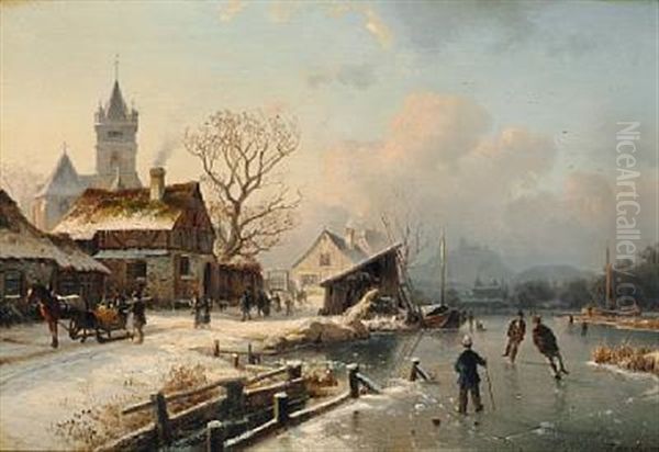 Winter Day Near The Village Church With Ice-skaters On A Frozen River Oil Painting by Johannes Bartolomaus Duntze