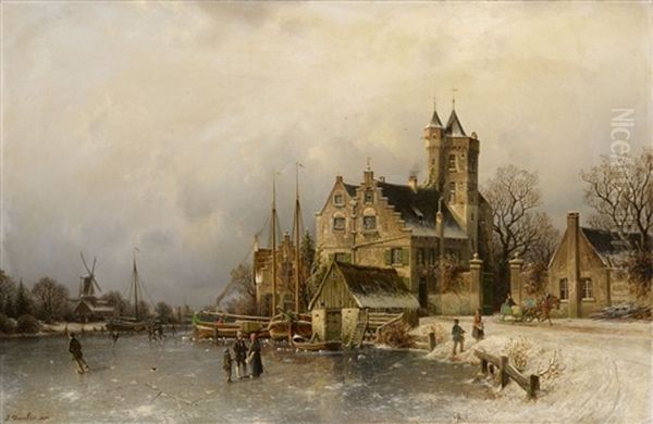 Winterlandschaft Mit Burg An Einem Zugefrorenem Kanal Oil Painting by Johannes Bartolomaus Duntze