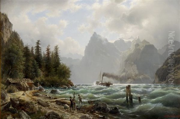 Der Vierwaldstattersee Mit Urirotstock Bei Fohn Mit Dampfschiff Oil Painting by Johannes Bartolomaus Duntze