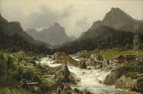 Norwegische Gebirgslandschaft Mit Wasserfall, Im Vordergrund Zwei Angler Oil Painting by Johannes Bartolomaus Duntze