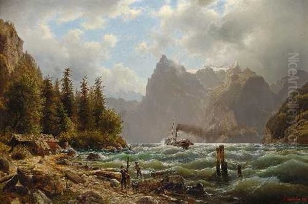 Sturmischer Fjord Oil Painting by Johannes Bartolomaus Duntze
