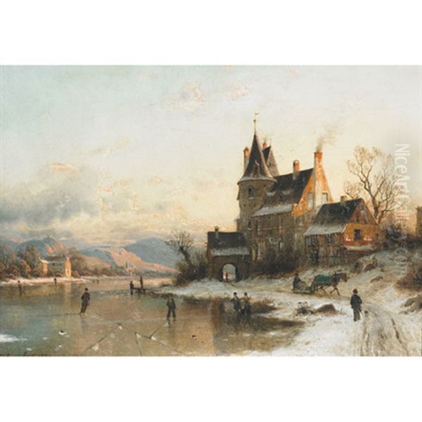 Villagers Skating On A Frozen Pond Oil Painting by Johannes Bartolomaus Duntze