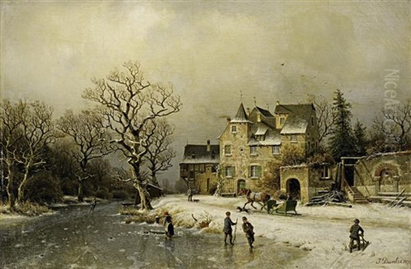 Winterlandschaft Mit Schlittschuhlaufern Und Einem Herrschaftlichen Anwesen Oil Painting by Johannes Bartolomaus Duntze