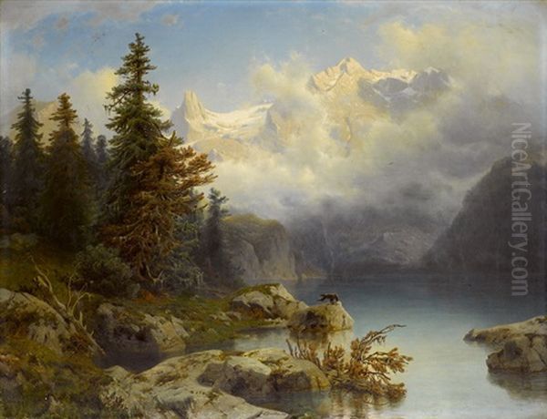 Bergsee In Den Alpen Oil Painting by Johannes Bartolomaus Duntze