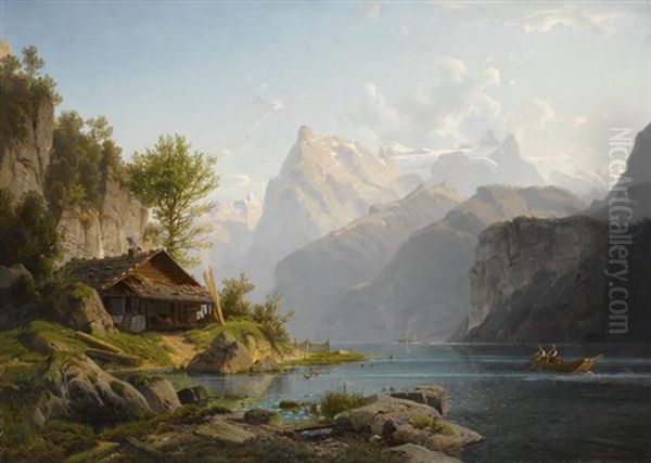Vue De L'urirothstock Prise De Brunnen Oil Painting by Johannes Bartolomaus Duntze