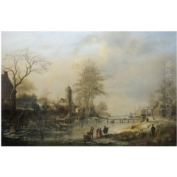 Figures On A Winter Landscape Oil Painting by Johannes Bartolomaus Duntze