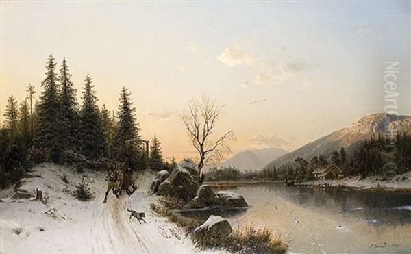 Schlittenfahrt Am See Oil Painting by Johannes Bartolomaus Duntze