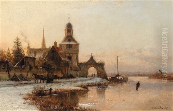 Winterlandschaft Mit Einem Eislaufer Oil Painting by Johannes Bartolomaus Duntze