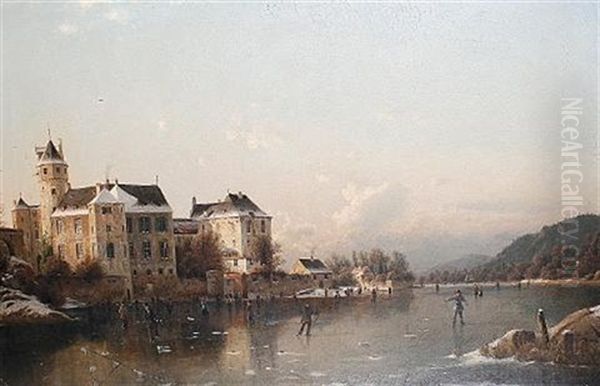 Figures Skating On A Frozen River Oil Painting by Johannes Bartolomaus Duntze