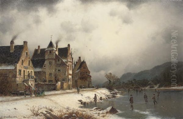Skaters On A Winter Waterway Oil Painting by Johannes Bartolomaus Duntze
