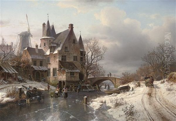 Skaters At A Dutch Hamlet Oil Painting by Johannes Bartolomaus Duntze