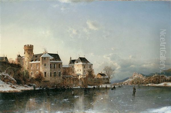 Winterlandschaft Mit Einer Burg An Zugefrorenem Gewasser Oil Painting by Johannes Bartolomaus Duntze