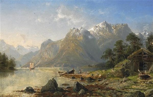 Der Fjord Von Romsdalen In Norwegen. Vorn Am Ufer Fischer Vor Ihrer Kate Oil Painting by Johannes Bartolomaus Duntze