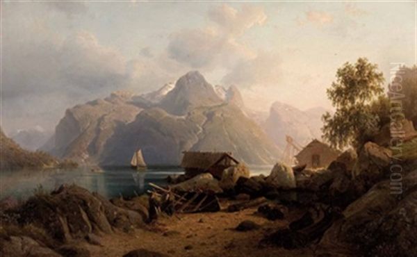 Norwegische Fjordlandschaft Im Abendlicht Oil Painting by Johannes Bartolomaus Duntze