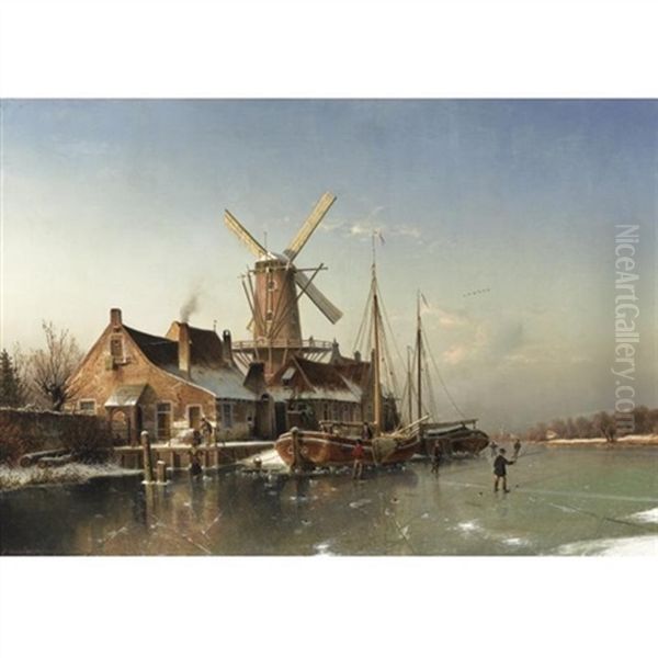 A Winter Landscape With A Mill On A Frozen River Oil Painting by Johannes Bartolomaus Duntze