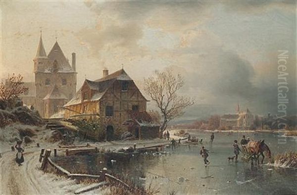Figures Skating On A Frozen Lake Oil Painting by Johannes Bartolomaus Duntze