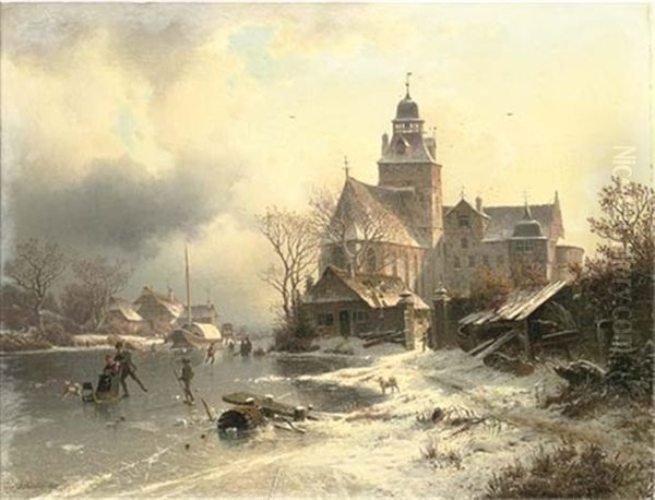 Skaters In A Frozen Winter Landscape Oil Painting by Johannes Bartolomaus Duntze