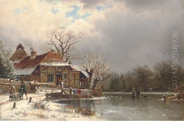 Figures At A Cottage On A Frozen Waterway Oil Painting by Johannes Bartolomaus Duntze