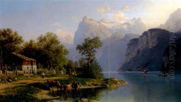 Blick Auf Den Vierwaldstatter See An Einem Prachtvollen Sommertag Mit Gehoft Und Vieh Am Ufer Oil Painting by Johannes Bartolomaus Duntze