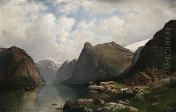 Partie Vom Tolsterwasser Am Sondfjord. Am Ufer Fischende Angler Vor Einer Holzhutte Oil Painting by Johannes Bartolomaus Duntze