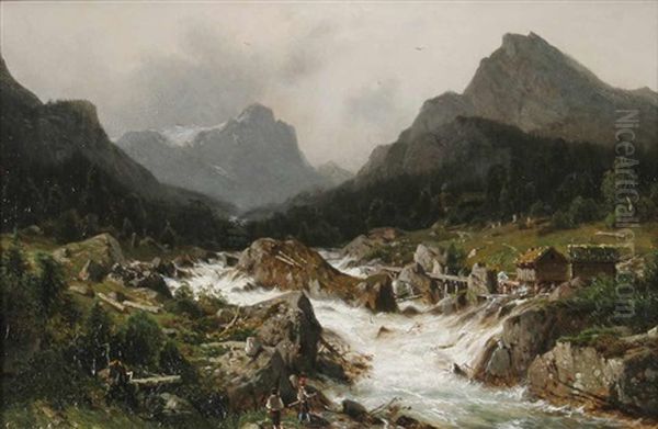 Norwegische Landschaft Mit Wasserfall, Im Vordergrund Zwei Angler Oil Painting by Johannes Bartolomaus Duntze