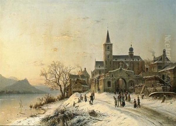 A Winter Landscape Near Lorch Am Rhein With A View Of The Schonburg Ruin Oil Painting by Johannes Bartolomaus Duntze