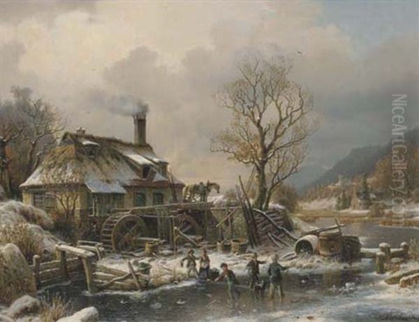 Playing On The Ice Oil Painting by Johannes Bartolomaus Duntze