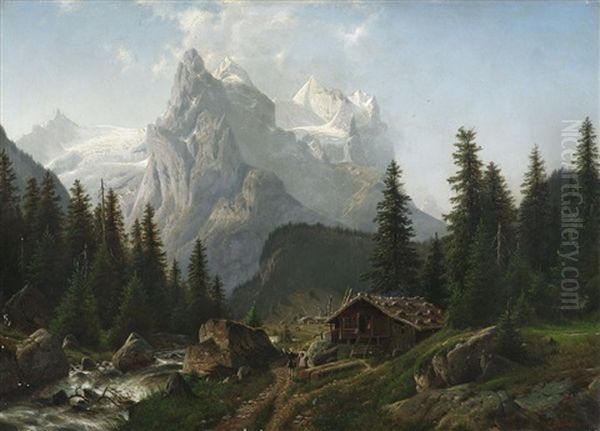 Sennhutten Im Hochgebirgstal Oil Painting by Johannes Bartolomaus Duntze