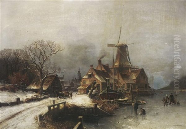 Verschneites Hollandisches Dorf Am Fluss Oil Painting by Johannes Bartolomaus Duntze
