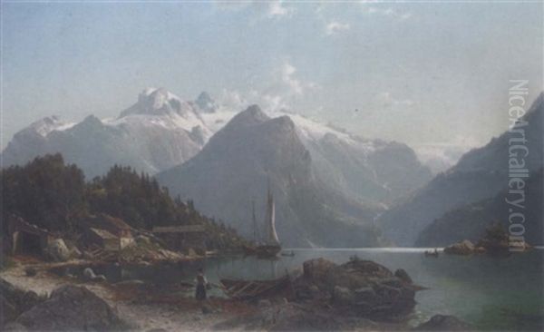 A Norwegian Fjord Landscape Oil Painting by Johannes Bartolomaus Duntze