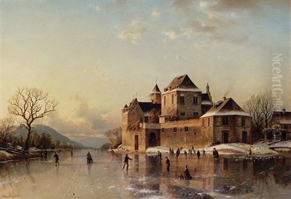 A Village On The Rhine In Winter Oil Painting by Johannes Bartolomaus Duntze