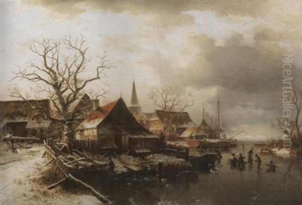 Winterliche Fluslandschaft Am Rande Eines Norddeutschen Kirchdorfes. Auf Dem Eise Spielende Kinder Oil Painting by Johannes Bartolomaus Duntze