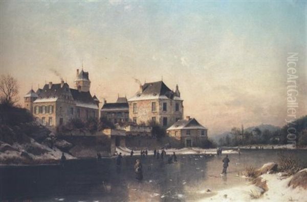 Skating On A Frozen River Oil Painting by Johannes Bartolomaus Duntze