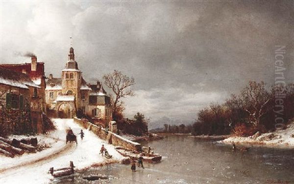 Winterliche, Vereiste Fluslandschaft Mit Spatbarocker Gutshofanlage Oil Painting by Johannes Bartolomaus Duntze