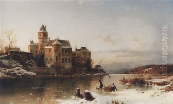 Skaters On A Frozen Lake, Beside A Castle Oil Painting by Johannes Bartolomaus Duntze