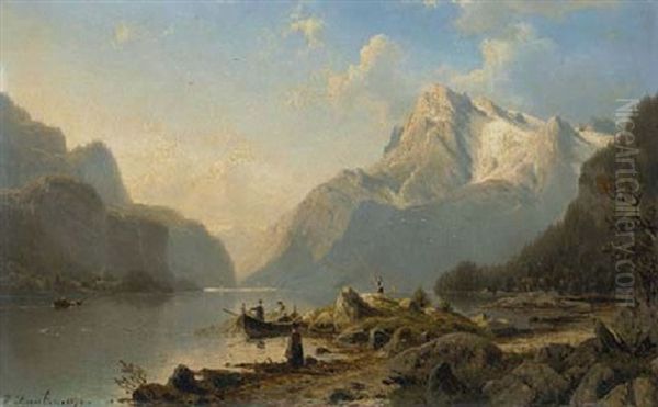 Fishing In The Fjord Oil Painting by Johannes Bartolomaus Duntze
